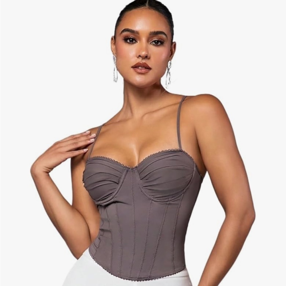 Taupe grey strappy lace stretch bodycon shaping shape wear cami tank S spaghetti
